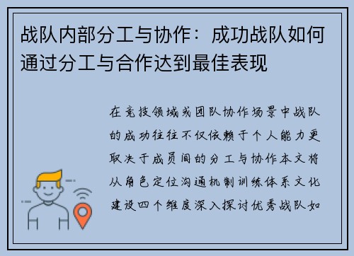 战队内部分工与协作：成功战队如何通过分工与合作达到最佳表现